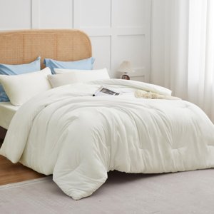 CozyLux Comforter Full Size Set Ivory, 3 Pieces Solid Soft Bed Set for Girls, Luxury Breathable Quilted Style Microfiber Down Alternative Bedding Sets All Season (1 Comforter & 2 Pillowcases)