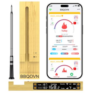 BBQOVN WiFi Sub-1G Wireless Meat Thermometer Unlimited Range, Check Temp Anywhere,7 NIST Certified Sensors with Ambient Temp, Monitor for BBQ, Grill, Oven, Smoker, Air Fryer (Black)