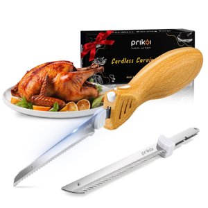 Prikoi Cordless Electric Knife, Carving Knife Set, Easy-Slice Serrated Edge Blades for Meat, Turkey, Bread, Fillet, DIY, Ergonomic Handle + 2 Blades (New Upgrade)
