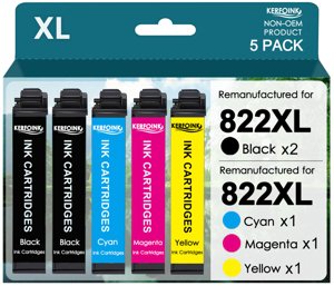 KERFOINK for 822XL Ink Cartridge Remanufactured for Epson 822XL Ink Cartridges 822 822 XL for Workforce Pro WF-3820 WF-3823 WF-4820 WF-4830 WF4833 Printer (2 Black Cyan Magenta Yellow, 5 Pack)