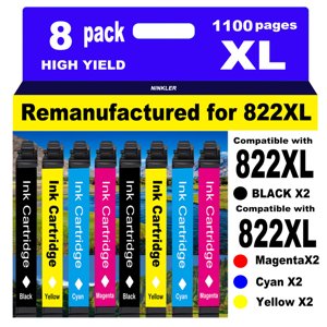 NINKLER for 822XL Remanufactured for Epson 822XL Ink Cartridges for 822 XL T822 Workforce Pro WF-3820 WF-3823 WF-4820 WF-4830 WF-4833 WF-4834 Printer 8 Pack 2 Black 2 Cyan 2 Magenta 2 Yellow