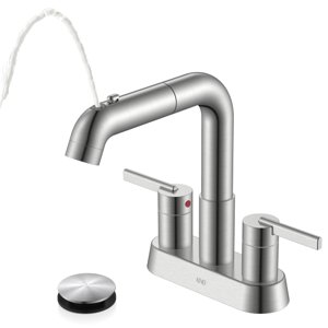 KENES Pull Down Bathroom Faucet with Sprayer, Brushed Nickel 4 Inch 2 Handle Centerset Bathroom Faucets 3 Hole with Pull Out Sprayer, Vanity Faucet with Pop Up Drain & Supply Lines LJ-9059A