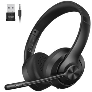 AOC Wireless Headset with Mic for Work, Bluetooth 5.4 Headphones with Noise Canceling Microphone, USB C, 30H, Clear Calls & Mic Mute for PC, Laptop, Cell Phones, Zoom - Black