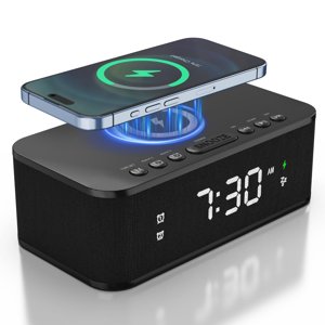 Fansbe Direct Digital Alarm Clock White Noise, Loud Digital Alarm Clocks Bedrooms, Alarm Clock Speaker Wireless Charger AUX USB Bluetooth Speaker 12/24H Dual Alarm Snooze Adjustable Brightness, Black