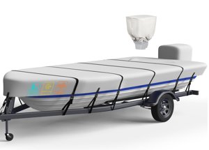 Heavy Duty 5 Layers 1200D Jon Boat Cover 14ft - 16ft with Motor Cover, 100% Waterproof Trailerable Jon Boat Covers 14-16 Foot with 9+4 Pcs Windproof Straps