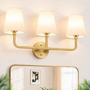 MOKATNG Bathroom Light Fixtures, 3-Light Brushed Gold Vanity Lights, Bathroom Lighting Fixtures Over Mirror with Flared White Fabric Shade, Modern Wall Sconces for Living Room Hallway photo 1