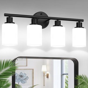 Zarbitta 4-Light Bathroom Light Fixtures, Black Modern Vanity Lights with Milky White Frosted Glass Shades, Bathroom Wall Lamp for Mirror Kitchen Living Room photo 1