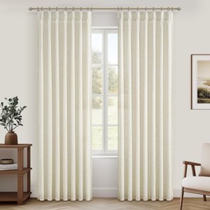 Cream Beige Linen Sheer Curtains 90 Inches Long for Dining Room Pinch Pleated Light Filtering Nursery Curtain with Back Tab Ceiling Track Thick Privacy Drapes for 40 x 90 Inch Windows photo 1
