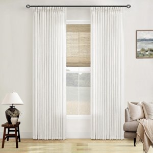 Beige White Linen Curtains Pinch Pleated 84 Inches Long for Living Room Bedroom Pleat with Rings Back Tab Semi Sheer Curtains 84 Inch Length 2 Panels Set Light Filtering Farmhouse Drapes photo 1