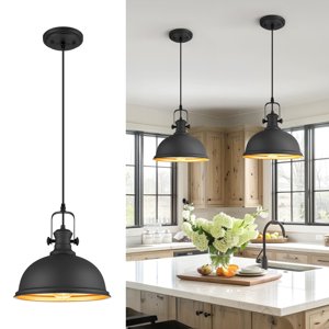 Audickic Pendant Lights Kitchen Island, Farmhouse Hanging Lights Fixtures with Metal Shade, Rustic Kitchen Pendant Lighting Over Island for Dining Room, Matte Black, AD-2151-1PL-BK photo 1