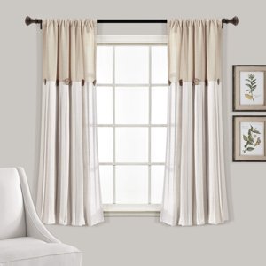 Lush Decor Linen Button Farmhouse Curtains, Single Panel, Pleated Two Tone Design 40"W x 63"L, Linen photo 1