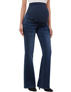 GLAMIX Women's Stretch Maternity Bootcut Jeans with Pockets Over The Belly Bell Bottoms Flare Denim Pants Pregnancy Clothes(Vintage Blue, M) photo 1