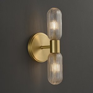 fansimone Brushed Brass Wall Sconces,12.3in Bathroom Knurled Double Glass Sconces Wall Lighting,2-Light Vanity Light Gold Sconce,Wall Lights for Living Room Bedroom Hallway Bathroom Mirror,Entrance photo 1
