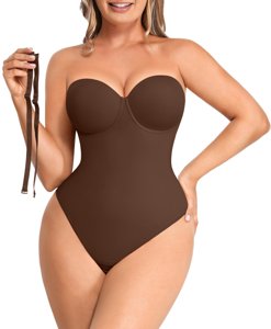 SHAPELLX Tummy Control Shapewear for Women Strapless Bodysuit Thong Fajas Body Shaper Snatched Waist Shapewear Brown L photo 1