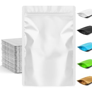 FUNFERY 4.7x7.9 inch Stand Up Mylar Resealable Bags for Food Storage,Smell Proof Foil Pouch,Food Packaging Sealable Bags,Mylar Zipper Bag for Jerky,Candy,Cereal,Coffee, Cards,White,50 Pack photo 1