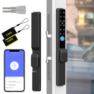 Dhiedas Slim Sliding Glass Door Lock, Sliding Door Lock with Fingerprint Remote APP Keypad RFID Key Electronic Digital Biometric Mortise Smart Lock for Double Hook Patio Sliding Door photo 1