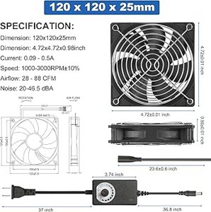  12V 120mmx25mm 4.72inch Small Dual Ball Bearing Window Fan IP44 Moisture-Proof PC Case Fans with Adjustable Speed Controller 3V-12V 1000-3000RPM for Compact Spaces  photo 2